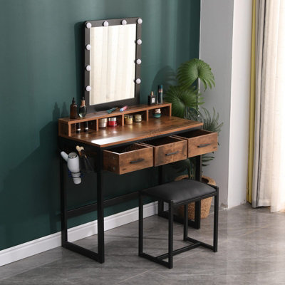 WestWood Brown Black Vintage Dressing Makeup Table Stool Set Spacious  Storage LED Mirror