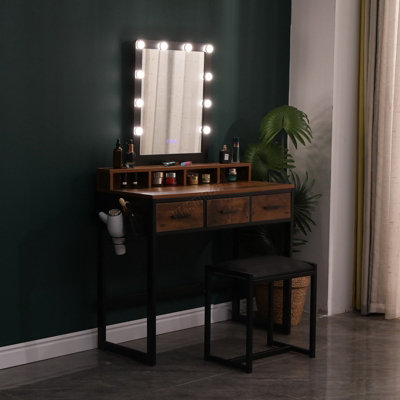 WestWood Brown Black Vintage Dressing Makeup Table Stool Set Spacious  Storage LED Mirror
