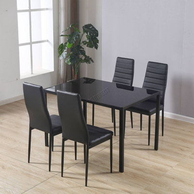 WestWood Glass Top Dining Table With 4 Chairs Set Faux Leather Home Kitchen DS07 Black