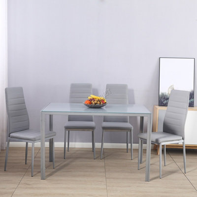 WestWood Glass Top Dining Table With 4 Chairs Set Faux Leather Home Kitchen DS07 Grey
