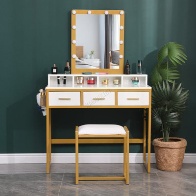 WestWood White Golden Vintage Dressing Makeup Table Stool Set Spacious  Storage LED Mirror