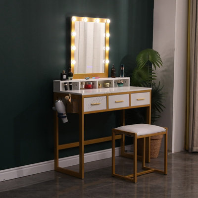 WestWood White Golden Vintage Dressing Makeup Table Stool Set Spacious  Storage LED Mirror