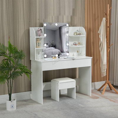 WestWood White Wood Vanity Makeup Dressing Table Set W/Stool Ample Storage Mirror LED