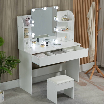 WestWood White Wood Vanity Makeup Dressing Table Set W/Stool Ample Storage Mirror LED