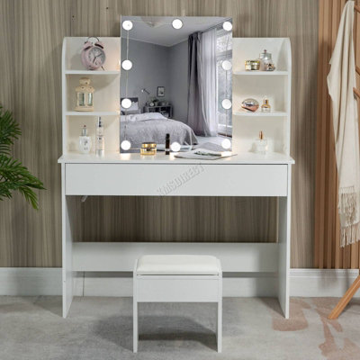 WestWood White Wood Vanity Makeup Dressing Table Set W/Stool Ample Storage Mirror LED