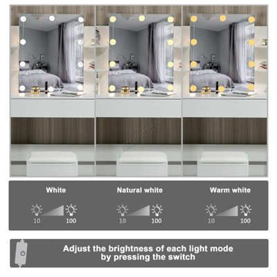 WestWood White Wood Vanity Makeup Dressing Table Set W/Stool Ample Storage Mirror LED