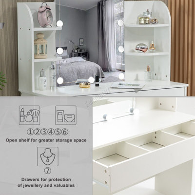 WestWood White Wood Vanity Makeup Dressing Table Set W/Stool Ample Storage Mirror LED