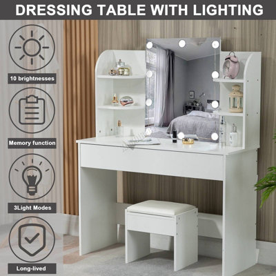 WestWood White Wood Vanity Makeup Dressing Table Set W/Stool Ample Storage Mirror LED