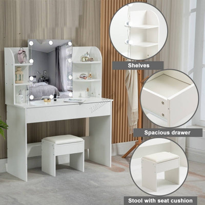 WestWood White Wood Vanity Makeup Dressing Table Set W/Stool Ample Storage Mirror LED