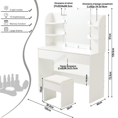 WestWood White Wood Vanity Makeup Dressing Table Set W/Stool Ample Storage Mirror LED