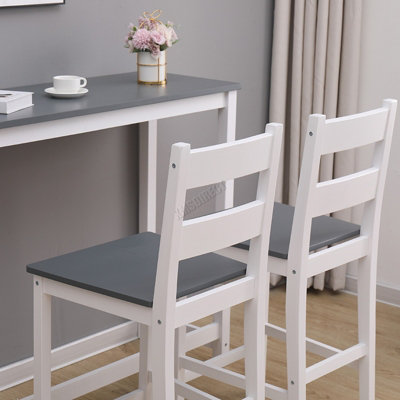 WestWood Wooden Bar Table Set 2 Stools Dining Room Breakfast Chair Metal Frame White Grey