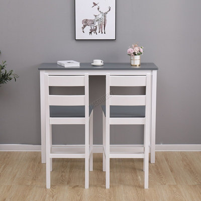 WestWood Wooden Bar Table Set 2 Stools Dining Room Breakfast Chair Metal Frame White Grey
