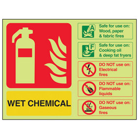 WET CHEMICAL Fire Extinguisher Sign - Glow in Dark - 200x150mm (x3)