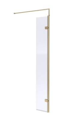 Wetroom 8mm Toughened Safety Glass Hinged Return Screen and Support Bar - 300mm x 1850mm - Brushed Brass - Balterley