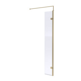 Wetroom 8mm Toughened Safety Glass Hinged Return Screen and Support Bar - 300mm x 1850mm - Brushed Brass - Balterley