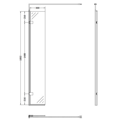 Wetroom 8mm Toughened Safety Glass Hinged Return Screen and Support Bar - 300mm x 1850mm - Brushed Brass