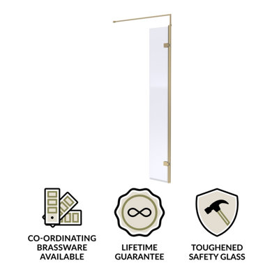 Wetroom 8mm Toughened Safety Glass Hinged Return Screen and Support Bar - 300mm x 1850mm - Brushed Brass - 3