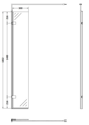Wetroom 8mm Toughened Safety Glass Hinged Return Screen and Support Bar - 300mm x 1850mm - Polished Chrome