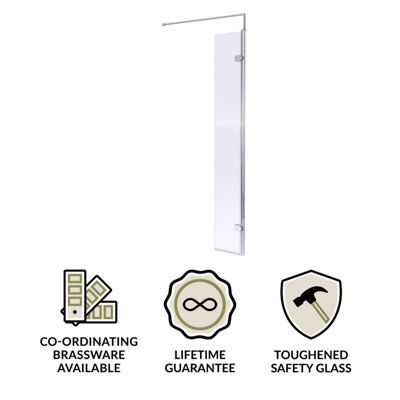 Wetroom 8mm Toughened Safety Glass Hinged Return Screen and Support Bar - 300mm x 1850mm - Polished Chrome - 3