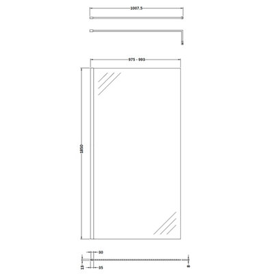 Wetroom 8mm Toughened Safety Glass Screen and Support Bar 1000mm x 1850mm - Brushed Brass - Balterley