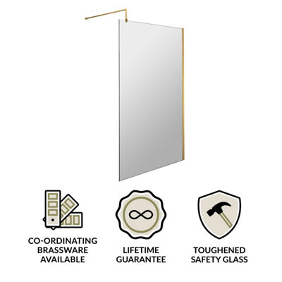 Wetroom 8mm Toughened Safety Glass Screen and Support Bar 1000mm x 1850mm - Brushed Brass - 3
