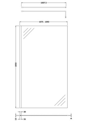 Wetroom 8mm Toughened Safety Glass Screen and Support Bar 1100mm x 1850mm - Polished Chrome