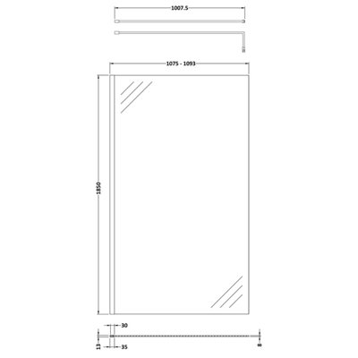 Wetroom 8mm Toughened Safety Glass Screen and Support Bar 1100mm x 1850mm - Satin Black - Balterley