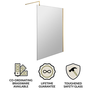 Wetroom 8mm Toughened Safety Glass Screen and Support Bar 1200mm x 1850mm - Brushed Brass - 3