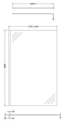Wetroom 8mm Toughened Safety Glass Screen and Support Bar 1200mm x 1850mm - Polished Chrome
