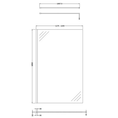 Wetroom 8mm Toughened Safety Glass Screen and Support Bar 1200mm x 1850mm - Satin Black - Balterley