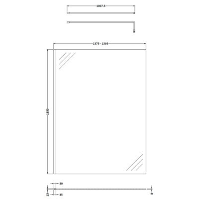 Wetroom 8mm Toughened Safety Glass Screen and Support Bar 1400mm x 1850mm - Satin Black