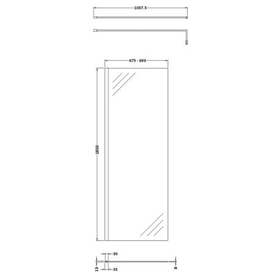 Wetroom 8mm Toughened Safety Glass Screen and Support Bar 700mm x 1850mm - Satin Black
