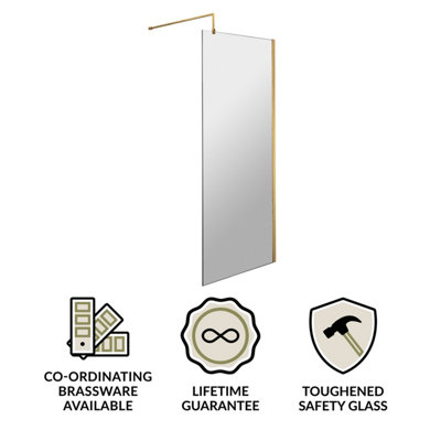 Wetroom 8mm Toughened Safety Glass Screen and Support Bar 760mm x 1850mm - Brushed Brass - 3
