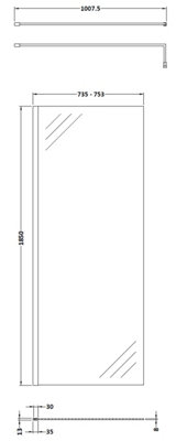 Wetroom 8mm Toughened Safety Glass Screen and Support Bar 760mm x 1850mm - Polished Chrome - Balterley
