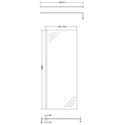 Wetroom 8mm Toughened Safety Glass Screen and Support Bar 760mm x 1850mm - Satin Black - Balterley