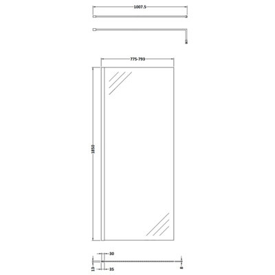 Wetroom 8mm Toughened Safety Glass Screen and Support Bar 800mm x 1850mm - Satin Black - Balterley