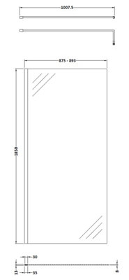 Wetroom 8mm Toughened Safety Glass Screen and Support Bar 900mm x 1850mm - Polished Chrome - Balterley
