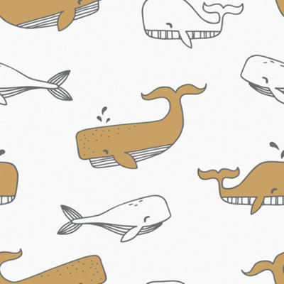 Whale Hello Wallpaper In Mustard And Grey