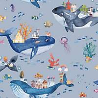 Whale Town Blue Children's Wallpaper