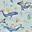 Whale Town Soft Teal Children's Wallpaper