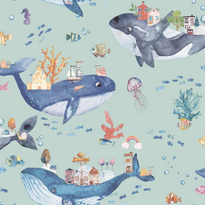 Whale Town Soft Teal Children's Wallpaper | DIY at B&Q