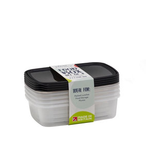 Wham 1L Food Storage Box (Pack of 4) Clear/Black (One Size)