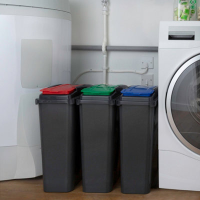 Wham 3 Piece 25L Plastic Recycle Bin Graphite/Assorted (Red/Blue/Green Lids)