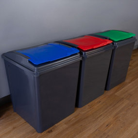 Wham 3 Piece 50L Plastic Recycle Bin Graphite/Assorted (Red/Blue/Green Lids)