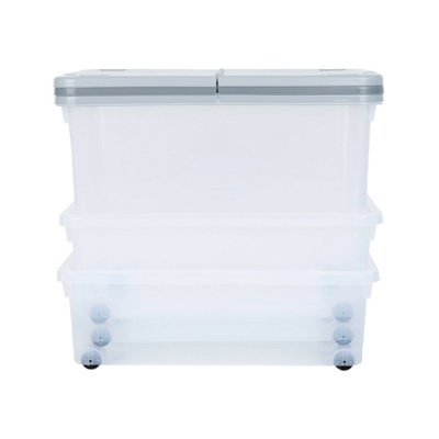 Wham 3 Piece Multisize Stackable Plastic Storage Box with Wheels & Folding Lid Clear/Cool Grey