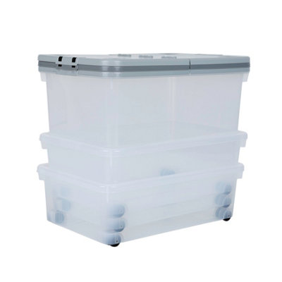 Wham 3 Piece Multisize Stackable Plastic Storage Box with Wheels & Folding Lid Clear/Cool Grey - 3