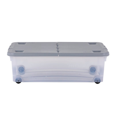 Wham 3 Piece Multisize Stackable Plastic Storage Box with Wheels & Folding Lid Clear/Cool Grey - 4