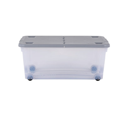 Wham 3 Piece Multisize Stackable Plastic Storage Box with Wheels & Folding Lid Clear/Cool Grey - 5