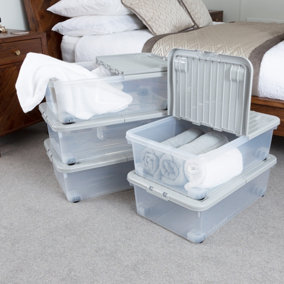 Wham 32L Under Bed Plastic Storage Boxes With Wheels and Folding Lid - Pack of 5. Clear, Large, Strong