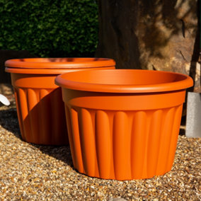 Wham 3x Vista Terracotta Plastic Planter, Round Garden Plant Pot, Extra Large Floor Pot (60cm, 69L, Pack of 3)
